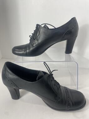 Etienne Aigner Ravine Oxford Heels Black Leather Comfort Brogue Lace Up Shoes 9
